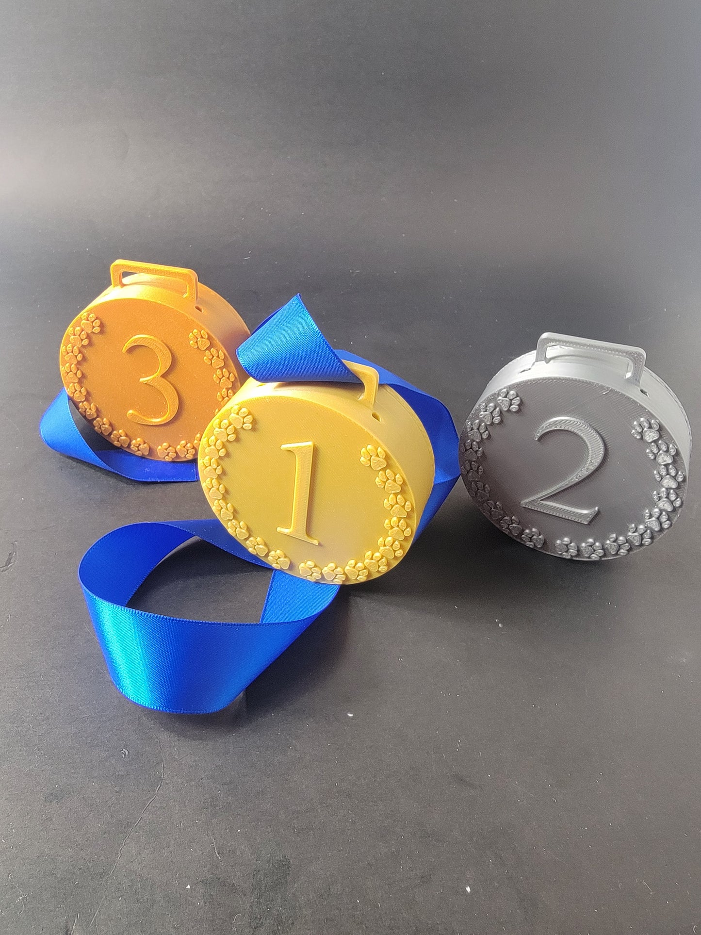 Gold, silver, and bronze 3D printed nose work medal hides with paw print border and blue ribbon, front view
