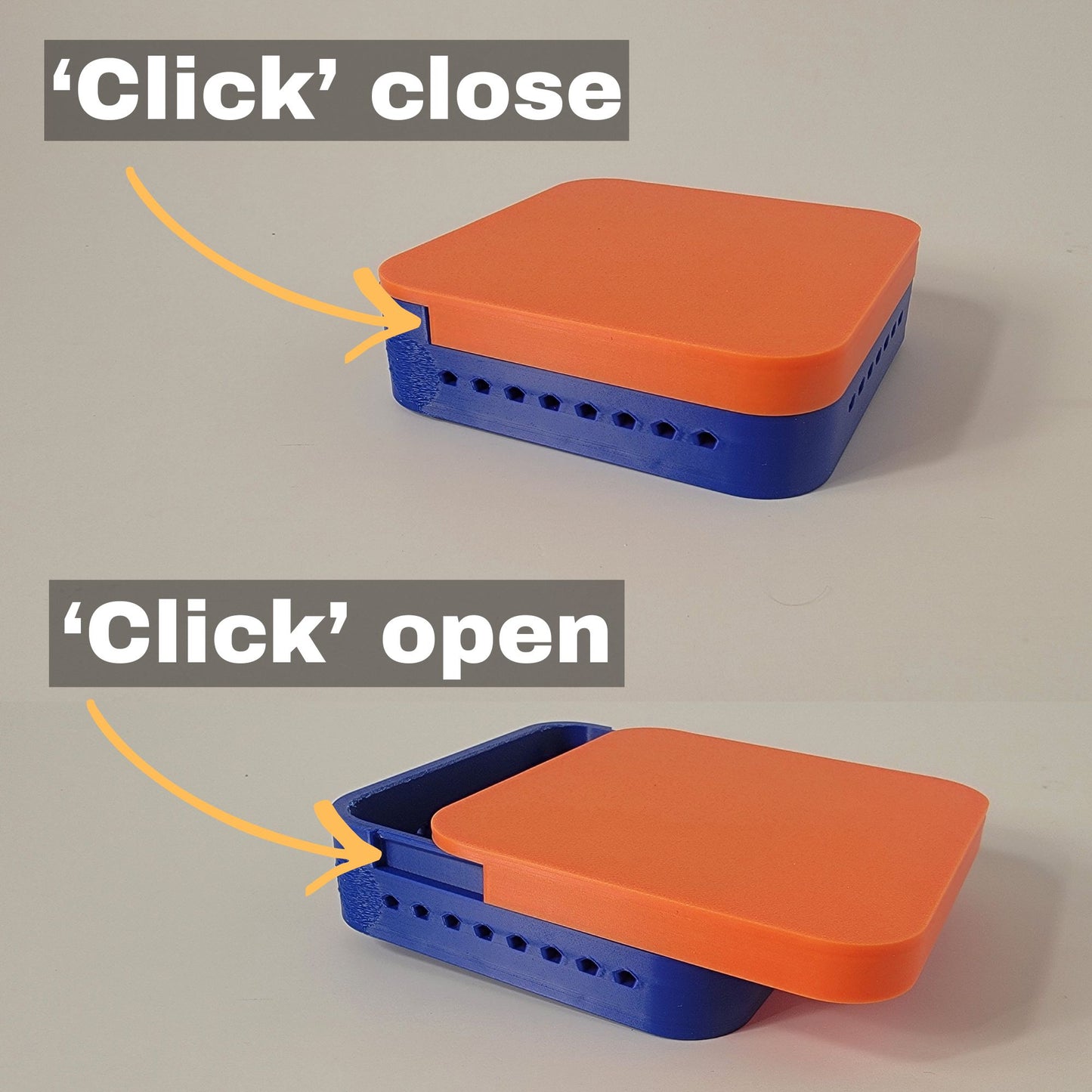 Click open and close locking secure scent tile container used in training and competition ground searches. 