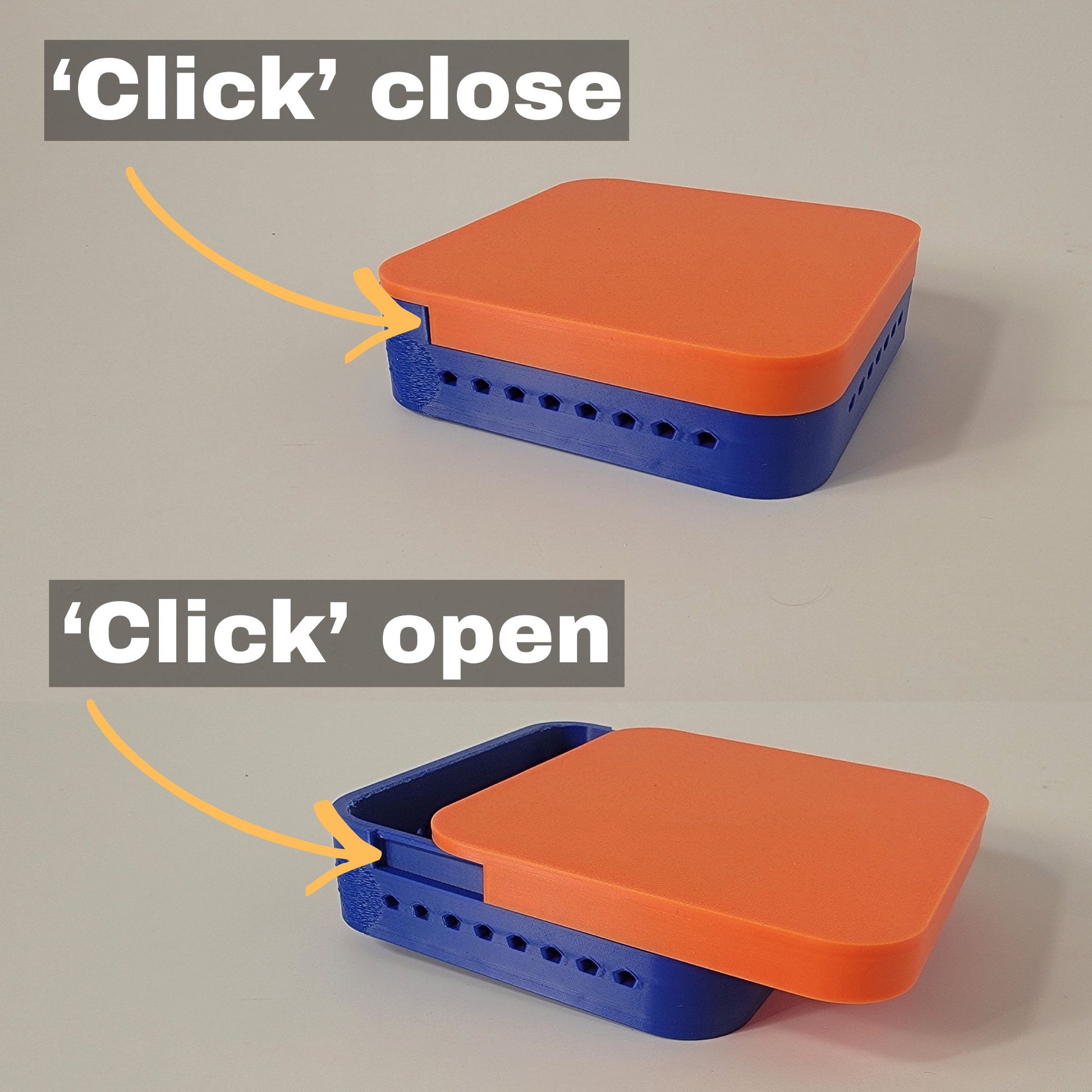 Click open and close locking secure scent tile container used in training and competition ground searches. 