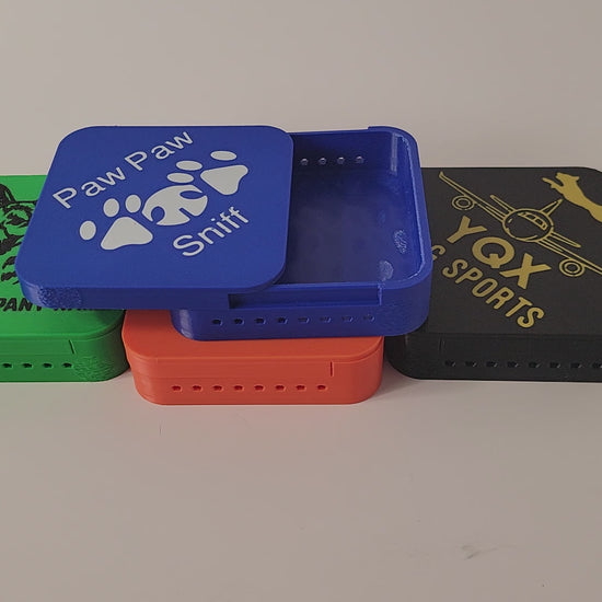 Video of custom tile containers for canine/dog nose and scent work training or competition. 